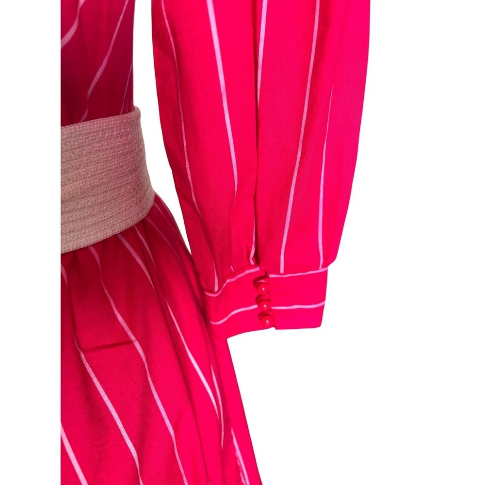 Hot Pink LGWU Midi Dress Womens Classic Union Made Pinstripe Puff Sleeve 80s USA - Picture 6 of 8
